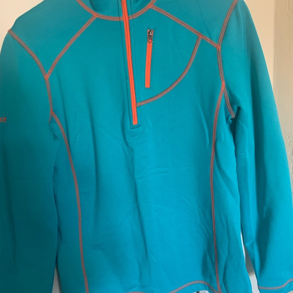 Marmot Teal Fleece with Orange Stitching Size M Vertical Zipped Pocket - Picture 3 of 12